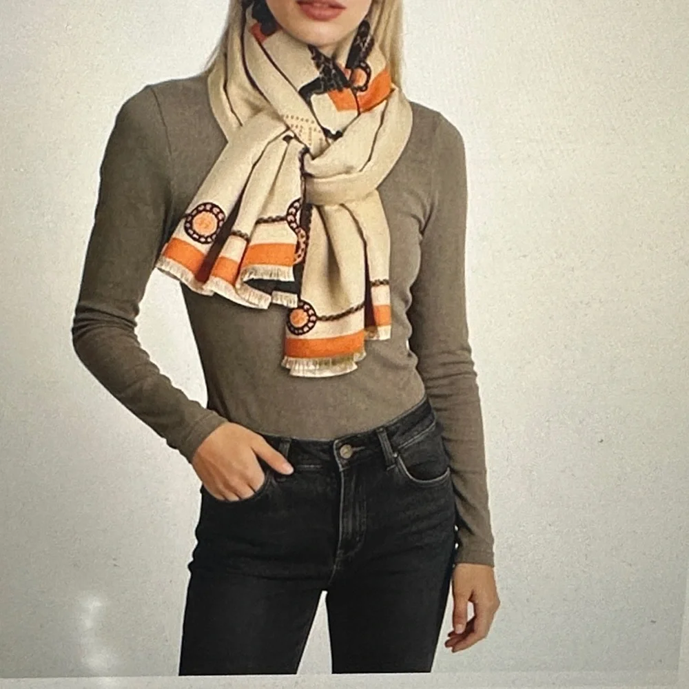 Women’s Elegant Horse Print Shawl with Orange Accents
